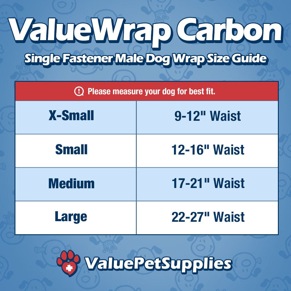 ValueWrap Male Wraps, Disposable Dog Diapers, Carbon, 1-Tab Small, 288 Count BULK PACK - Activated Charcoal, Snag-Free Fastener, Leak Protection, Wetness Indicator 